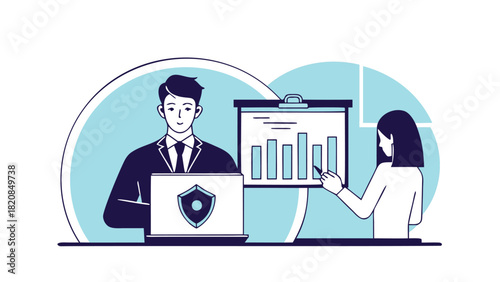 Cybersecurity analyst presenting a detailed risk report with charts graphs and data visualizations to an audience highlighting security threats and mitigation strategies