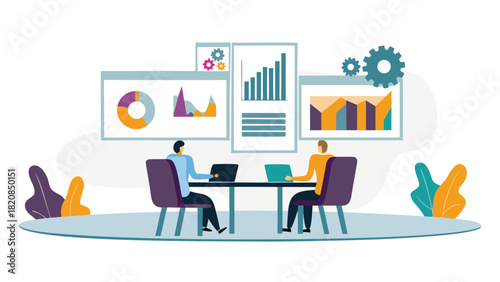 Modern data driven business meeting illustration featuring floating charts graphs and analytics conveying insights and strategic planning in a professional setting