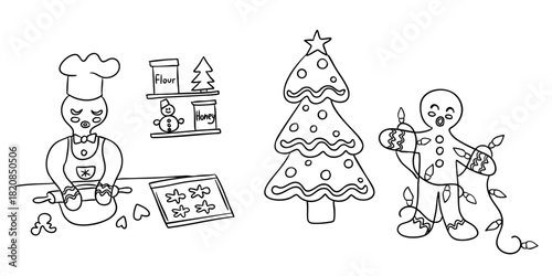 Gingerbread characters bake cookies and decorate a Christmas tree in a festive holiday scene, drawn as a simple outline coloring page. The concept represents Christmas preparation