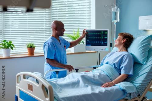 Black man nurse smiling while checking vital signs monitor and interacting with woman patient lying in hospital bed during medical care