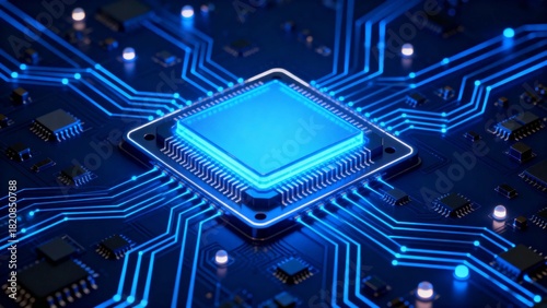 Wallpaper Mural Close-up of a glowing blue microprocessor on a circuit board with illuminated pathways Torontodigital.ca