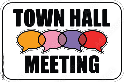 A graphic representation of a town hall meeting with overlapping speech bubbles symbolizing communication and discussion.