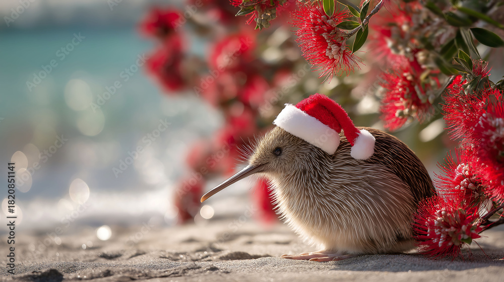 Naklejka premium Cute kiwi bird in Santa hat on beach under blooming pohutukawa tree, with sea in background