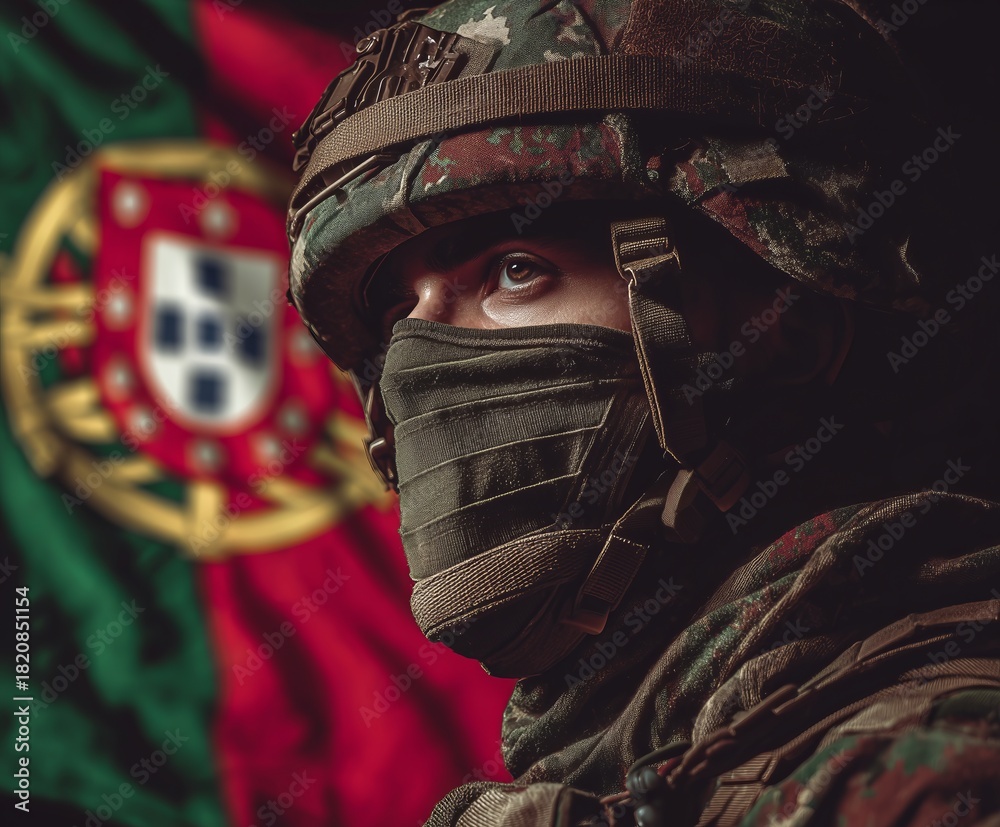 Obraz premium A soldier in tactical gear stands resolute, with the Portuguese flag prominently displayed behind him. The image conveys patriotism, strength, and military focus.