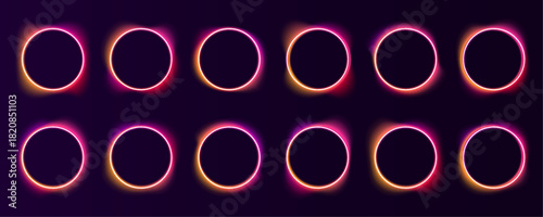 Round neon frame pulses with vibrant colors. Smooth gradient flows along the glowing border. Sparkling highlights add a futuristic cosmic touch.