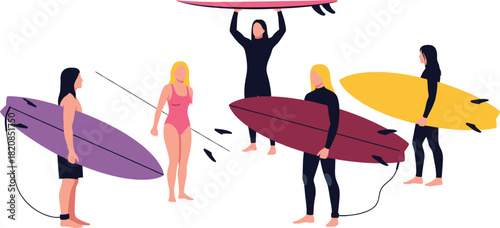 Group of diverse surfers standing on the beach with colorful surfboards, capturing a modern, active summer lifestyle, ocean sports, and travel adventure concepts in flat graphic illustration style.