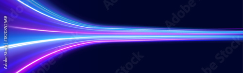 Electric blue and magenta light streaks flow in dynamic loops. Motion blur creates depth and speed effect. Perfect for futuristic cityscapes and sci-fi designs.