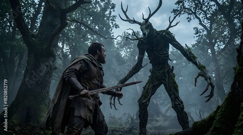  Medieval warrior fighting a leshen - very tall, abnormally skinny being with deer antlers 