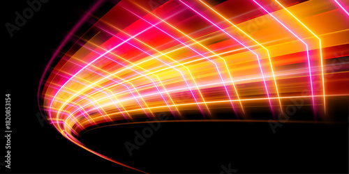 Spiral neon light beams twist and collide in glowing energy bursts. Motion blur enhances depth and dynamic motion. Perfect for sci-fi and futuristic designs.