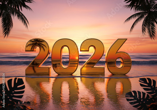 New Year 2026 celebration with golden 3d numbers on tropical beach sunset background