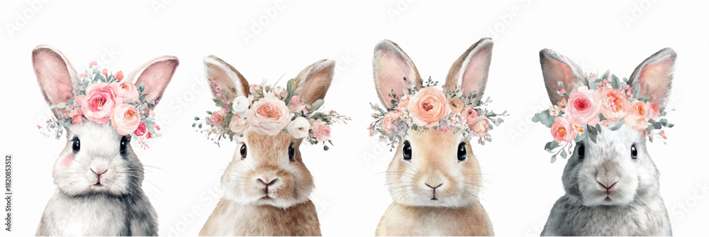 Naklejka premium Spring bunny watercolor set with floral wreath and flowers. Adorable rabbit illustration ideal for Easter greeting cards, children's room art, or festive celebration projects.