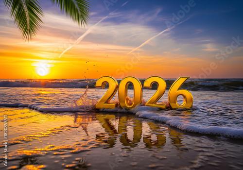 New Year 2026 celebration with golden 3d numbers on tropical beach sand