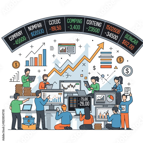 Stock market analysis with people, charts, and financial data displayed on screens.