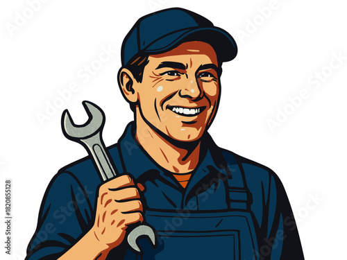 male mechanic in uniform holding a wrench, symbolizing skill, labor, and technical work. Generative ai vector colorful pop art illustration.