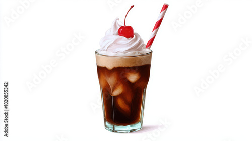 Iced coffee with whipped cream and cherry topping in glass with striped straw, refreshing cold drink
