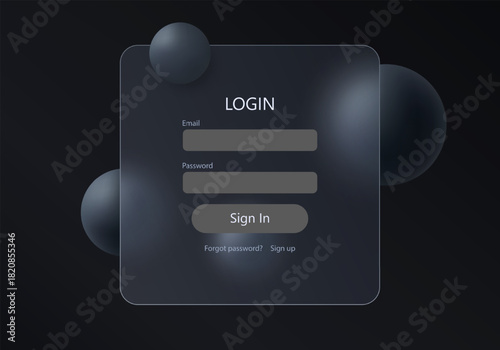 Dark login screen with frosted glass panel and floating spheres, suitable for digital user interface or web applications.