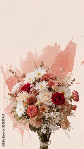 Vertical banner, wallpaper for social media of Bouquet flowers on light tan color on blush background scheme, code, neutral tones. Make it look like there paint