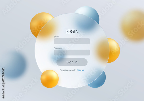 Minimal login form in a glass panel with soft shadows, blue and golden spheres