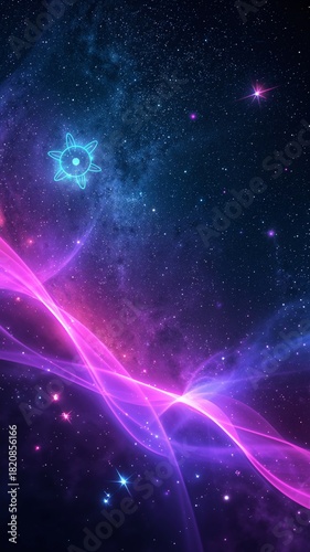 Vertical banner, wallpaper for social media of Cinematic platform banner for HBC Experimants, combining vibrant science and space elements, featuring glowing atoms with radiant blue and green hues