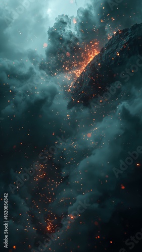 Vertical banner, wallpaper for social media of Cinematic platform banner for Theme: fusion of nature and technology steam, sparks, mist, metal textures, light rays. Mood: futuristic yet organic