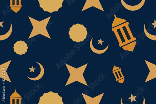 Seamless pattern with islamic motifs crescent moons, stars, and lanterns on blue