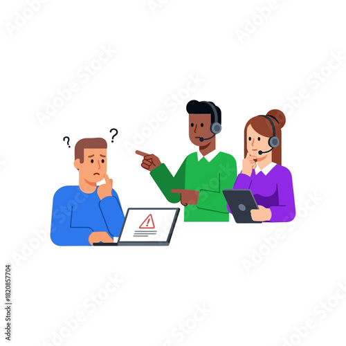 Customer support team helping a confused user with a computer error on his laptop.