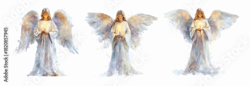 Watercolor set of angels with a candle. Figures of angels in long white and blue dresses holding a burning candle in their hands. Christian symbol of religion and faith. Vector illustration.