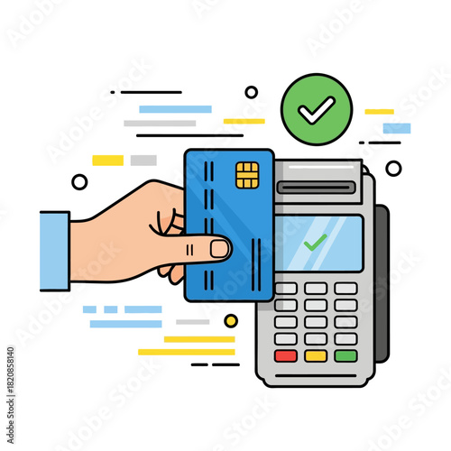 Hand making a successful payment with a credit card on a POS terminal machine with a green checkmark.