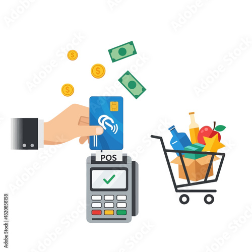 Customer making a contactless credit card payment for groceries at a point of sale terminal, with a shopping cart nearby.