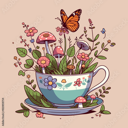 Whimsical Teacup Garden with Butterfly and Mushrooms
