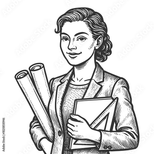 woman engineer, holding architectural plans and a drafting triangle sketch engraving generative ai fictional character vector illustration. Scratch board imitation. Black and white image