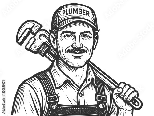 confident man plumber in cap and overalls, holding a large adjustable pipe wrench sketch engraving generative ai fictional character vector illustration. Scratch board imitation. Black and white.