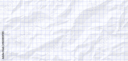 Crumpled white paper background with halftone dotted seamless texture and editable blue mesh checkered lines overlay. Realistic texture of crumpled sheet in a letterpress.