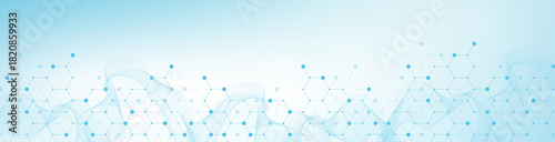 Modern health care or medical background design. Health care innovation concept. Horizontal header web banner. Abstract geometric background with hexagon shapes for medicine, science, chemistry.