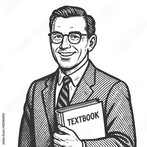 smiling male teacher with books, symbolizing education and knowledge sketch engraving generative ai fictional character vector illustration. Scratch board. Black and white image.