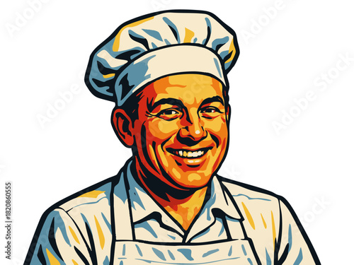 happy male chef wearing a traditional uniform and toque, symbolizing culinary skill, joy, and hospitality. Generative ai vector colorful pop art illustration.