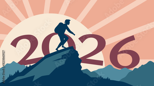 A hiker with a backpack climbing a mountain peak shaped like "2026," silhouetted against a large rising sun with rays in warm orange tones. The scene conveys achievement, new beginnings.
