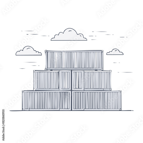 Stacked Shipping Containers in a Stylized Line Drawing with Clouds