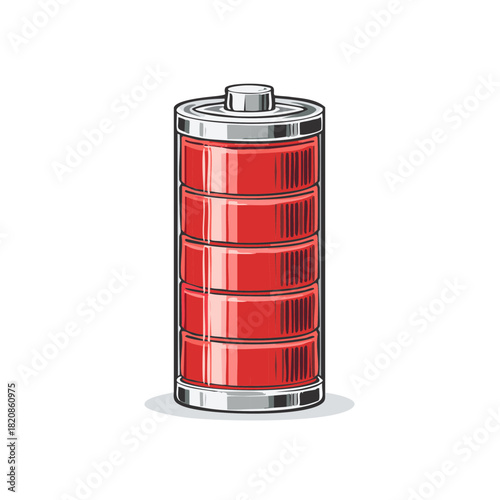 Vibrant red battery icon showing full charge level hand drawn style for energy and power concept