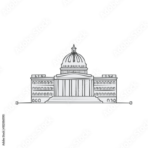 Illustrated architectural landmark with dome and columns building facade, contour art.