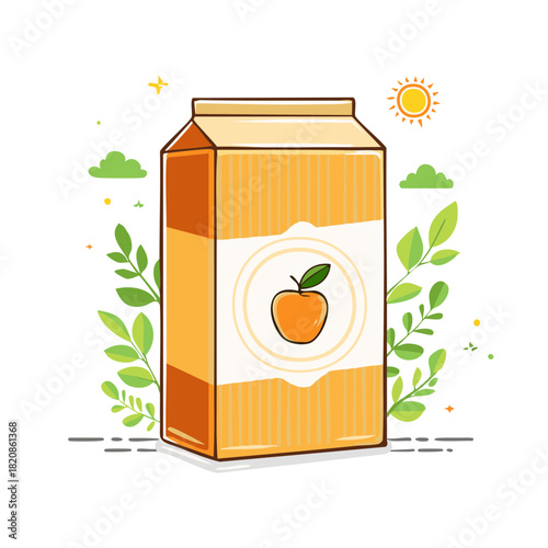 Fresh Orange Juice Carton with Apple Icon Surrounded by Greenery and Sun