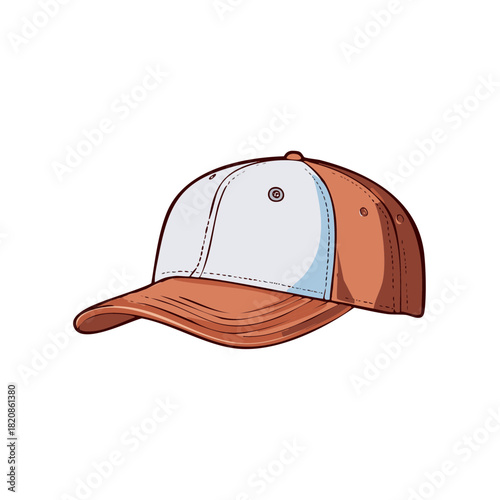 Casual brown and white baseball cap isolated vector illustration. Sporty headwear fashion accessory.
