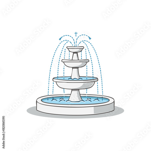 Elegant tiered garden fountain with cascading water in a clear, simple illustration style