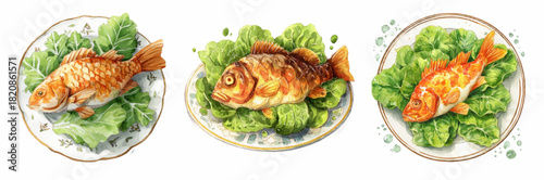 Watercolor set of baked fish. whole baked fish with golden crust and cuts on lettuce leaves. Seafood. Prepared fish for dinner with fresh lettuce leaves.