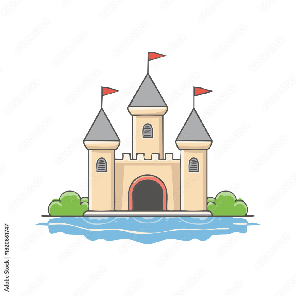 Naklejka premium Charming cartoon castle illustration with three towers red flags and a surrounding moat