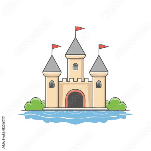 Charming cartoon castle illustration with three towers red flags and a surrounding moat