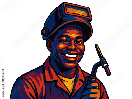 happy welder wearing a helmet and holding a welding torch, representing skilled trades and industrial work. Generative ai vector colorful pop art illustration.