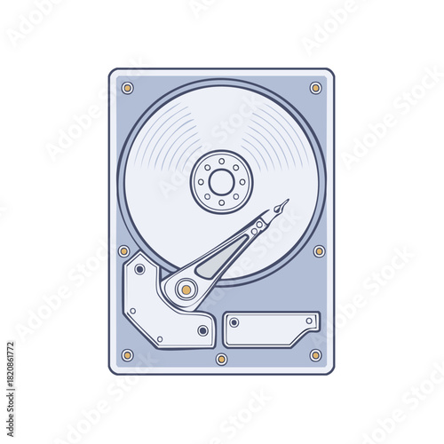 Detailed illustration of a hard disk drive internal hardware components, computer storage device, vintage tech equipment graphic