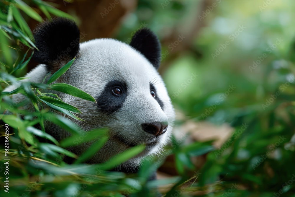 Naklejka premium Giant panda in bamboo forest: natural habitat and wildlife conservation