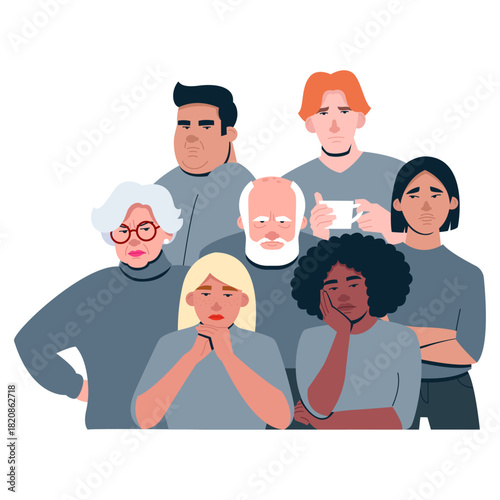 Unhappy people vector illustration. Group of characters - female and male - being depressive and miserable. Mental health concept.